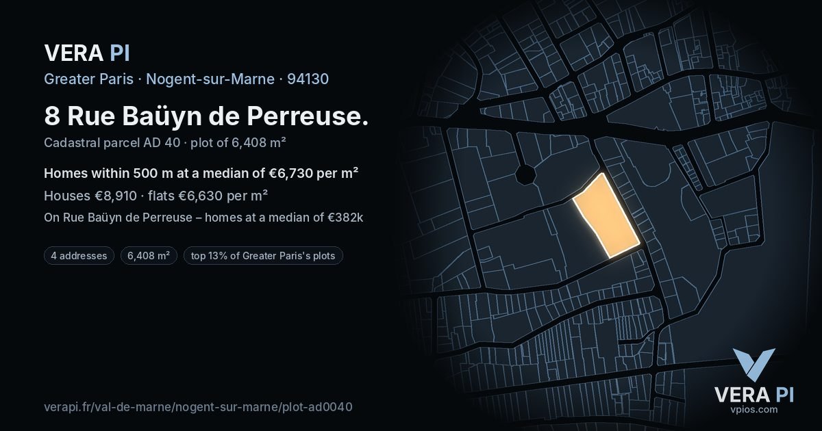 8 Rue Baüyn de Perreuse, Nogent-sur-Marne at night – the plot lit, the parcels around coloured by the prices near them
