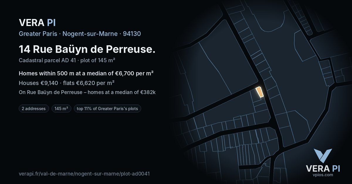 14 Rue Baüyn de Perreuse, Nogent-sur-Marne at night – the plot lit, the parcels around coloured by the prices near them