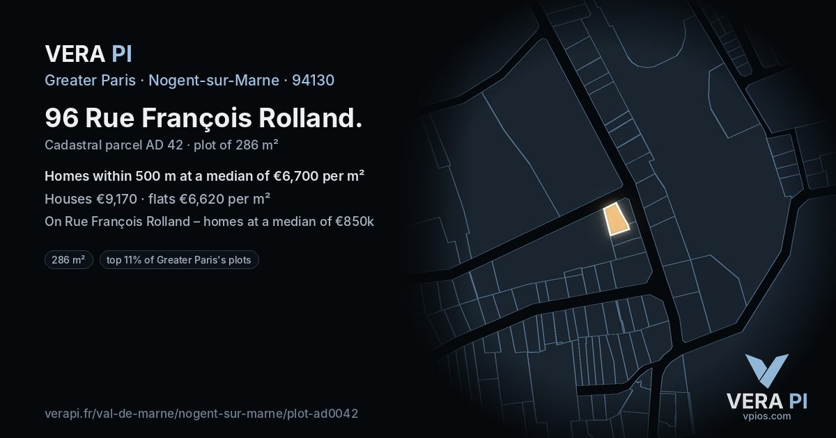 96 Rue François Rolland, Nogent-sur-Marne at night – the plot lit, the parcels around coloured by the prices near them