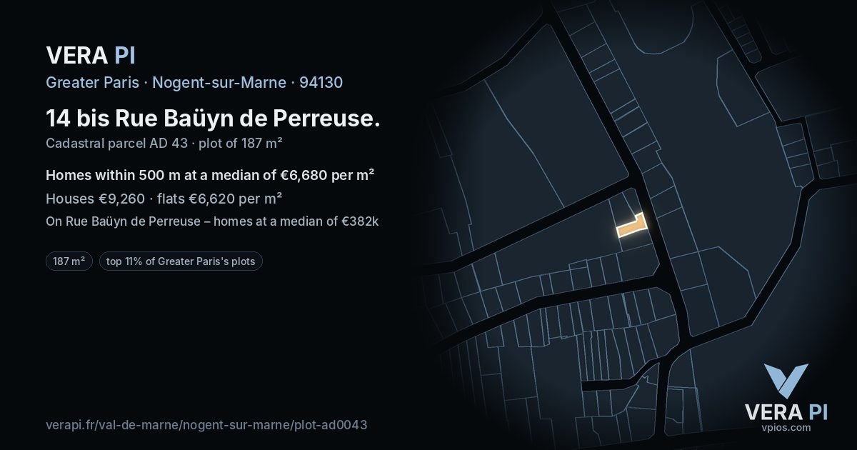 14 bis Rue Baüyn de Perreuse, Nogent-sur-Marne at night – the plot lit, the parcels around coloured by the prices near them