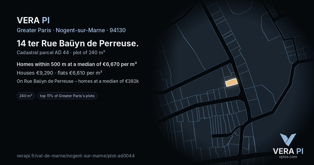 14 ter Rue Baüyn de Perreuse, Nogent-sur-Marne at night – the plot lit, the parcels around coloured by the prices near them
