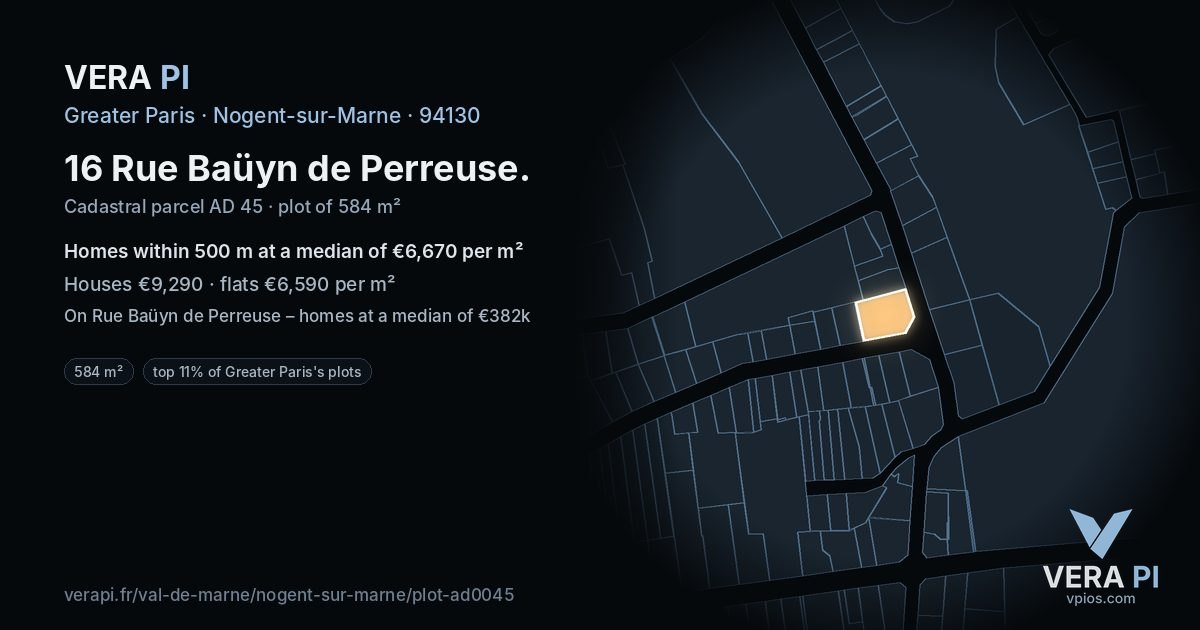 16 Rue Baüyn de Perreuse, Nogent-sur-Marne at night – the plot lit, the parcels around coloured by the prices near them