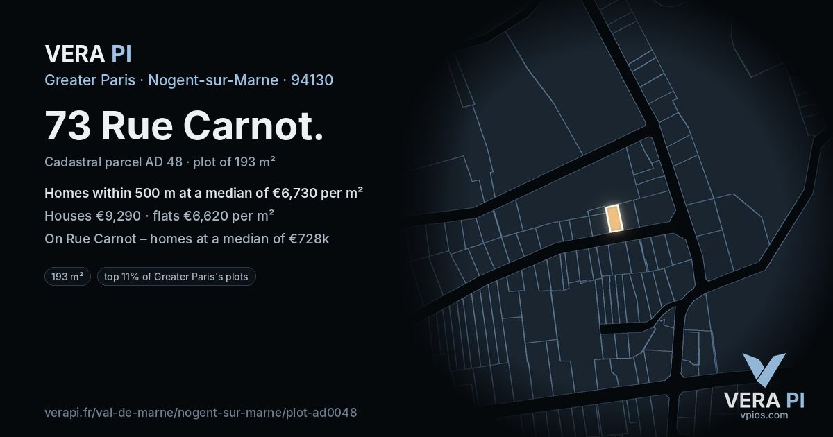 73 Rue Carnot, Nogent-sur-Marne at night – the plot lit, the parcels around coloured by the prices near them