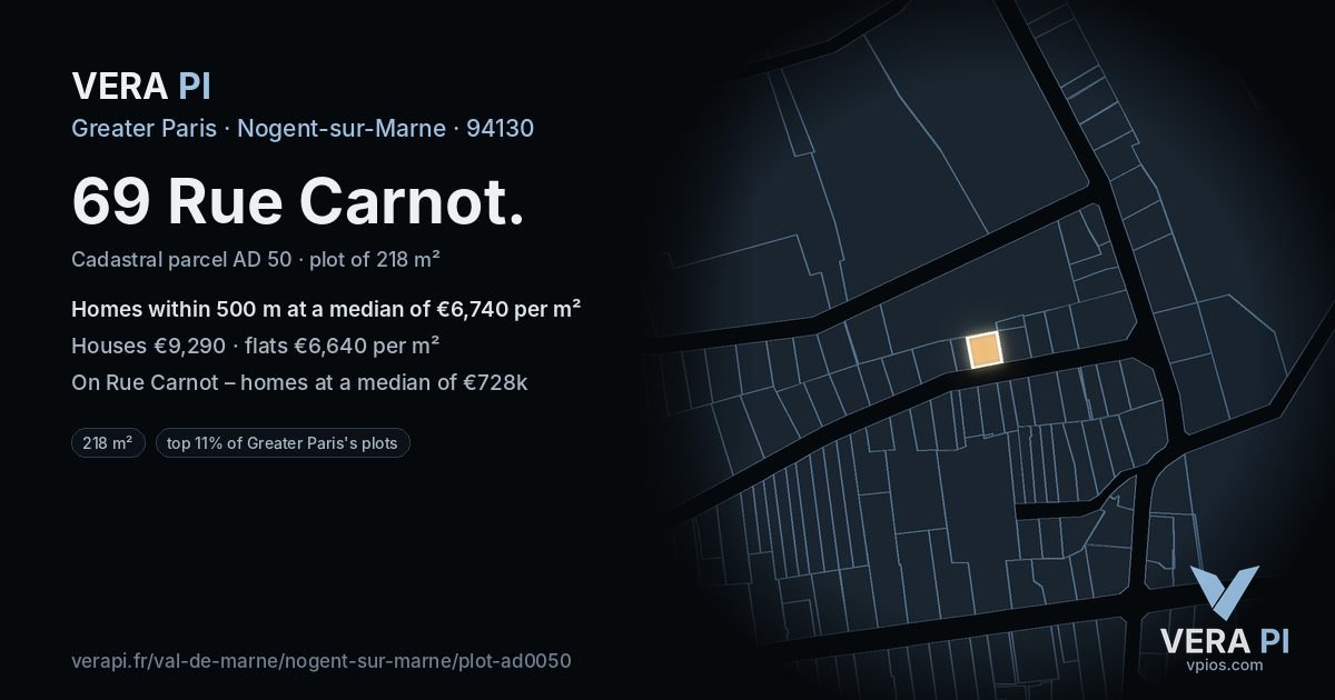 69 Rue Carnot, Nogent-sur-Marne at night – the plot lit, the parcels around coloured by the prices near them
