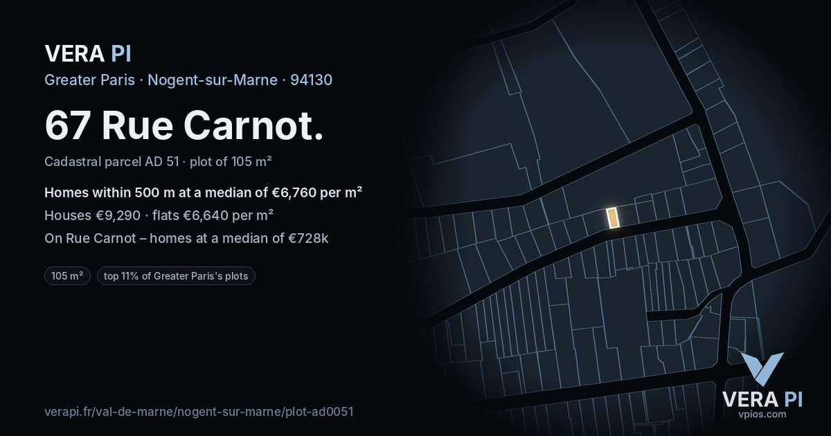 67 Rue Carnot, Nogent-sur-Marne at night – the plot lit, the parcels around coloured by the prices near them