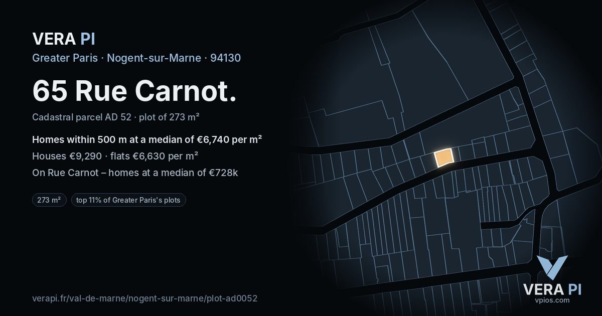 65 Rue Carnot, Nogent-sur-Marne at night – the plot lit, the parcels around coloured by the prices near them