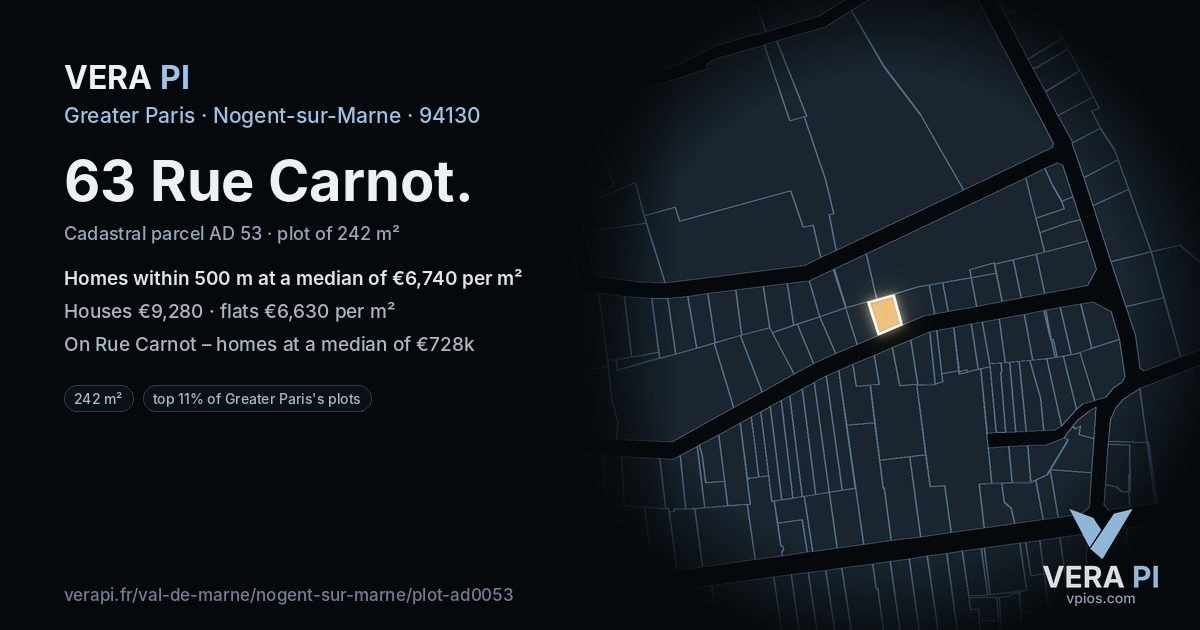 63 Rue Carnot, Nogent-sur-Marne at night – the plot lit, the parcels around coloured by the prices near them