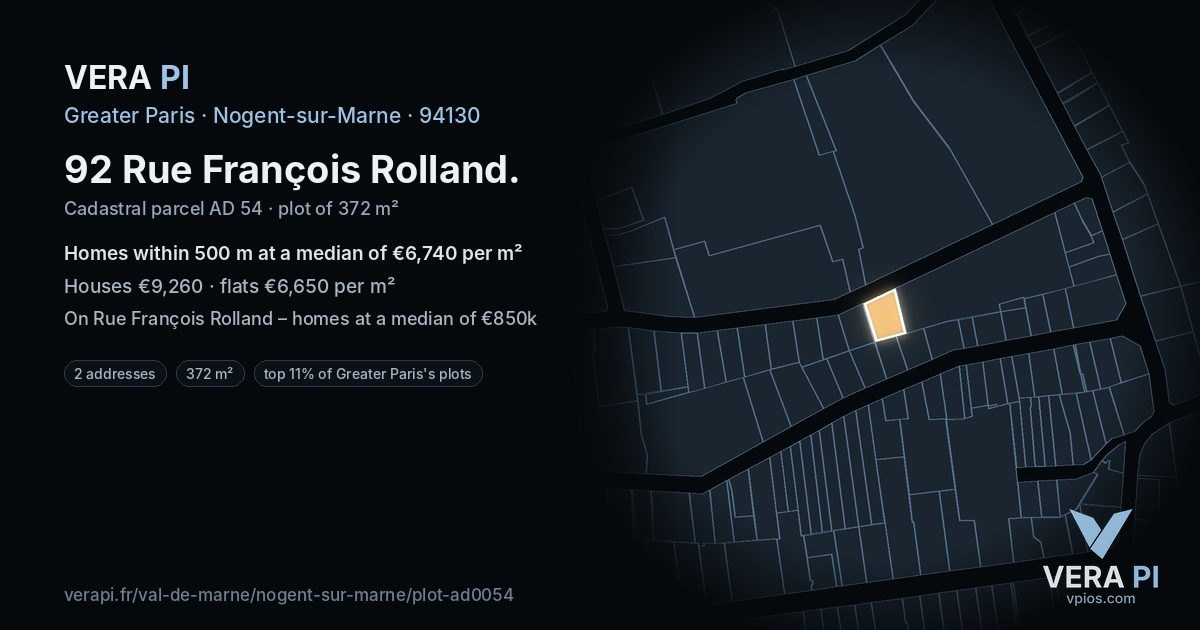 92 Rue François Rolland, Nogent-sur-Marne at night – the plot lit, the parcels around coloured by the prices near them
