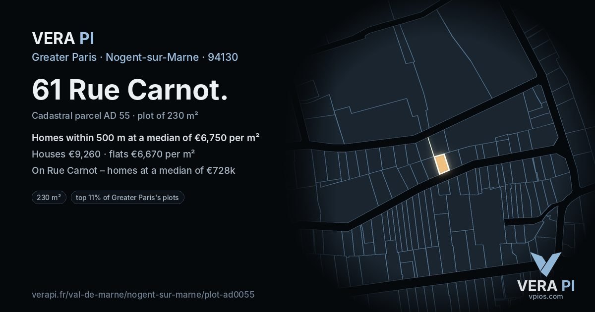 61 Rue Carnot, Nogent-sur-Marne at night – the plot lit, the parcels around coloured by the prices near them