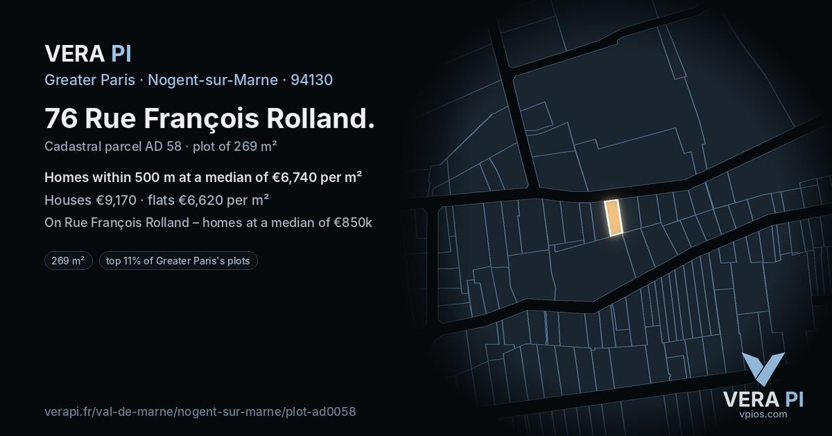 76 Rue François Rolland, Nogent-sur-Marne at night – the plot lit, the parcels around coloured by the prices near them