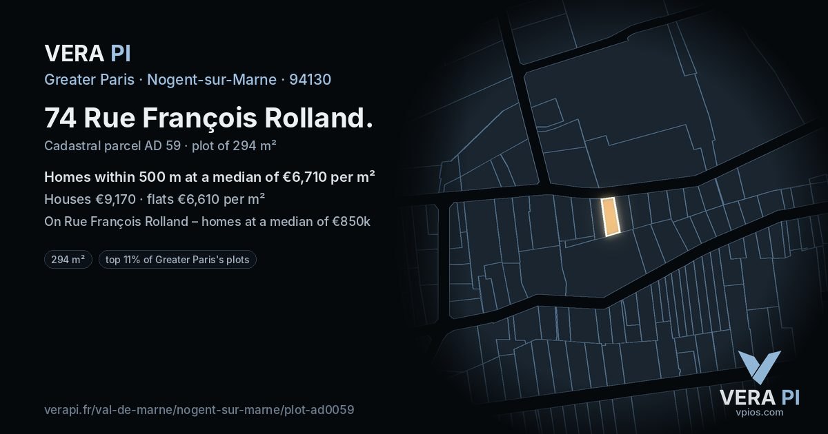 74 Rue François Rolland, Nogent-sur-Marne at night – the plot lit, the parcels around coloured by the prices near them