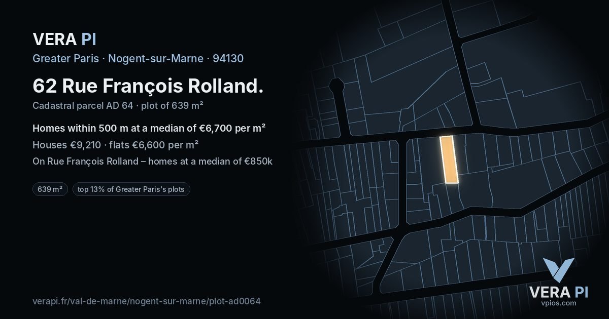 62 Rue François Rolland, Nogent-sur-Marne at night – the plot lit, the parcels around coloured by the prices near them