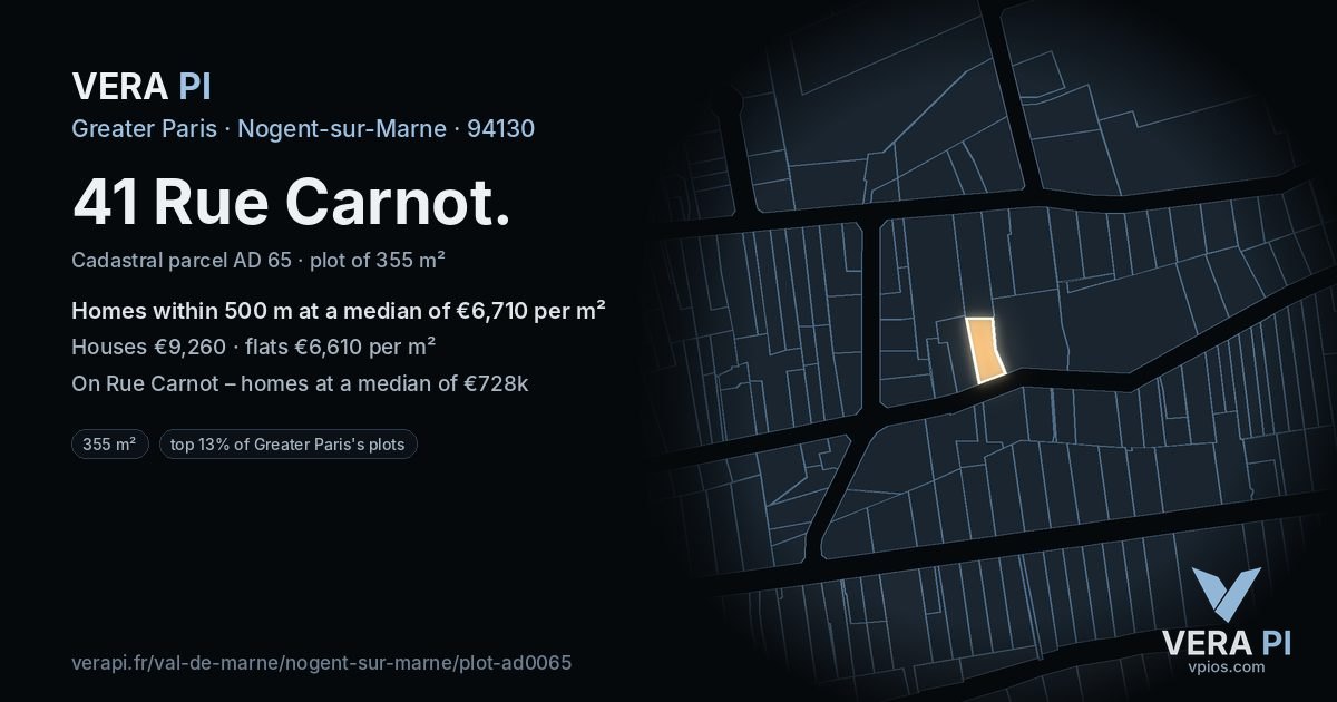 41 Rue Carnot, Nogent-sur-Marne at night – the plot lit, the parcels around coloured by the prices near them