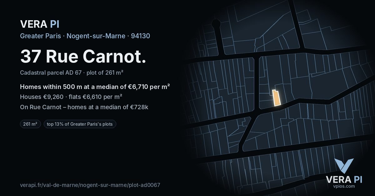 37 Rue Carnot, Nogent-sur-Marne at night – the plot lit, the parcels around coloured by the prices near them