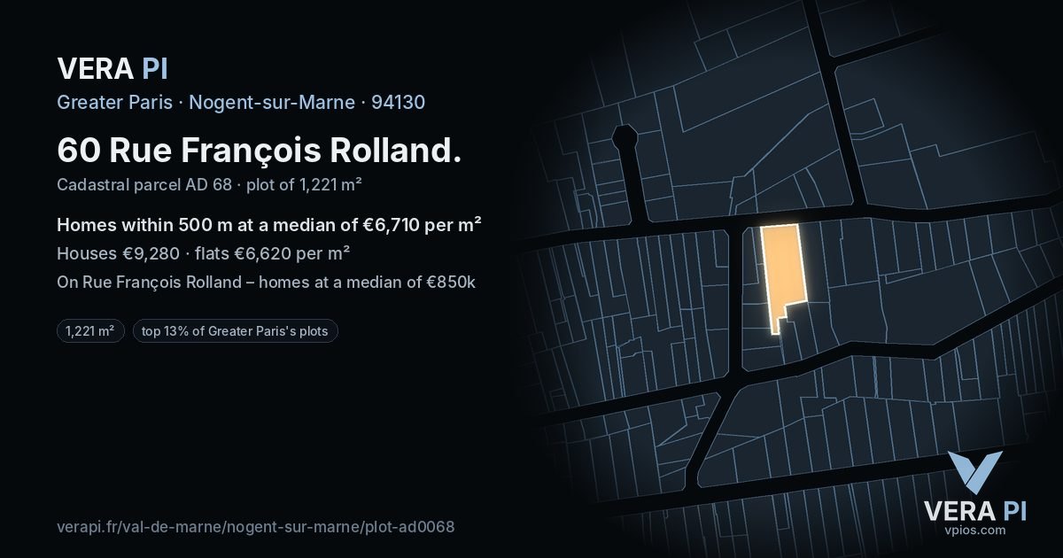 60 Rue François Rolland, Nogent-sur-Marne at night – the plot lit, the parcels around coloured by the prices near them