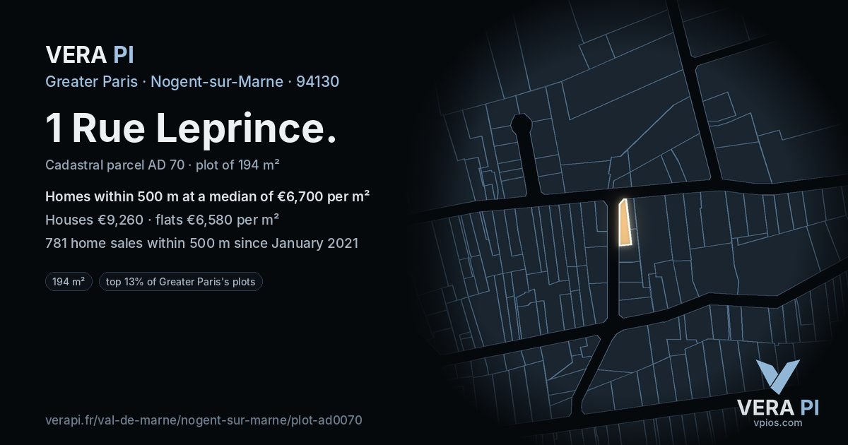 1 Rue Leprince, Nogent-sur-Marne at night – the plot lit, the parcels around coloured by the prices near them