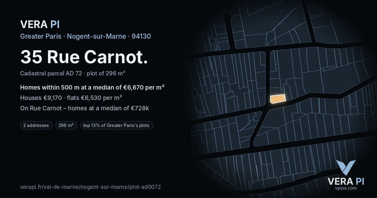 35 Rue Carnot, Nogent-sur-Marne at night – the plot lit, the parcels around coloured by the prices near them