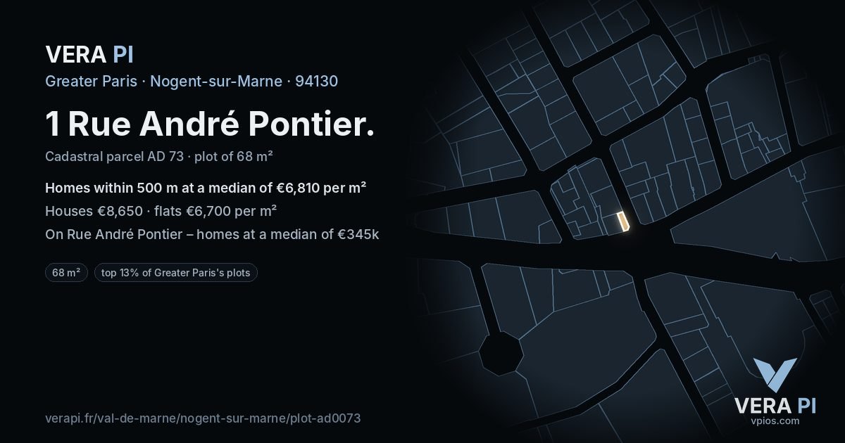 1 Rue André Pontier, Nogent-sur-Marne at night – the plot lit, the parcels around coloured by the prices near them
