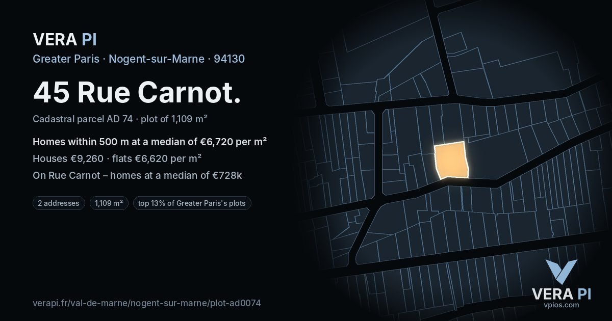 45 Rue Carnot, Nogent-sur-Marne at night – the plot lit, the parcels around coloured by the prices near them