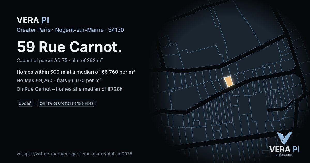 59 Rue Carnot, Nogent-sur-Marne at night – the plot lit, the parcels around coloured by the prices near them