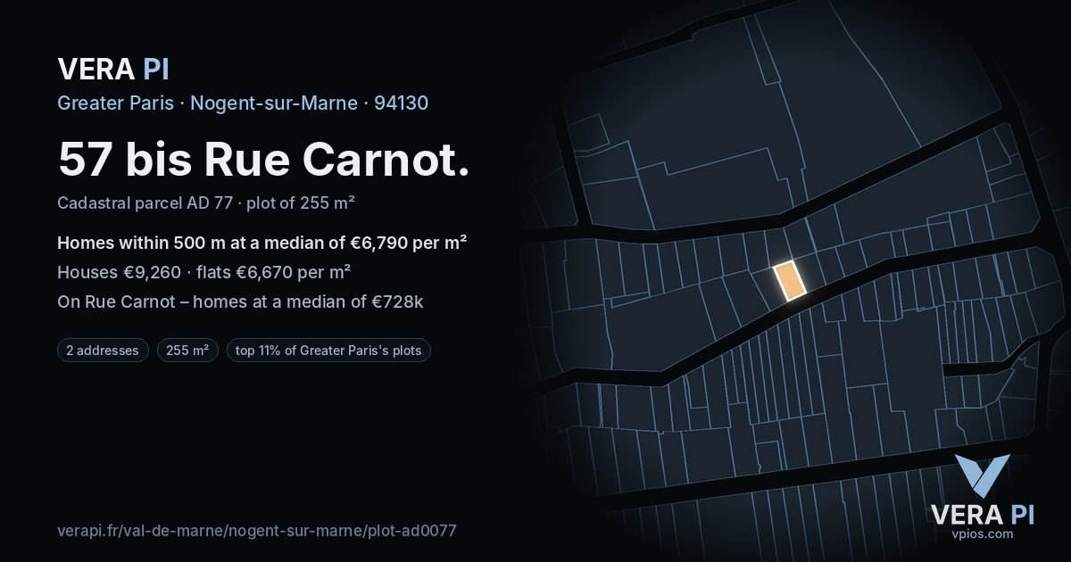 57 bis Rue Carnot, Nogent-sur-Marne at night – the plot lit, the parcels around coloured by the prices near them