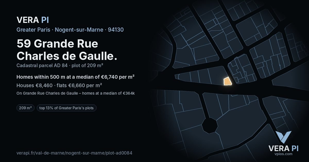 59 Grande Rue Charles de Gaulle, Nogent-sur-Marne at night – the plot lit, the parcels around coloured by the prices near them