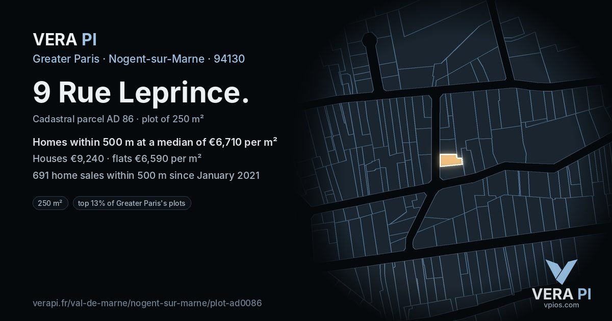9 Rue Leprince, Nogent-sur-Marne at night – the plot lit, the parcels around coloured by the prices near them