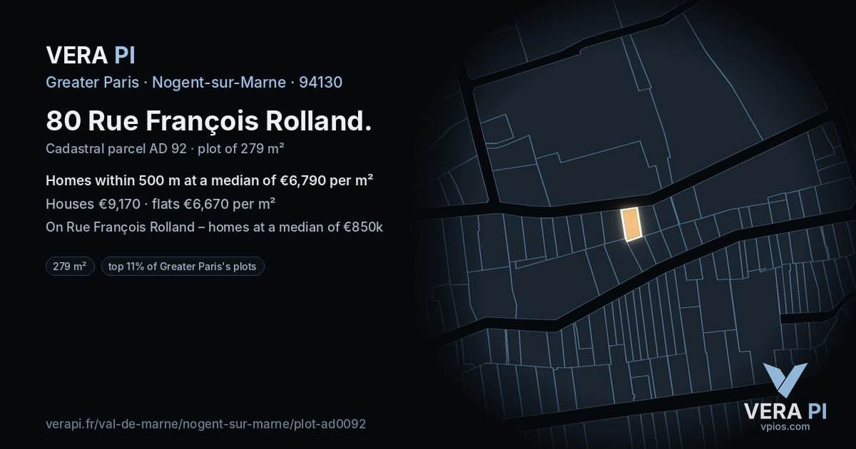 80 Rue François Rolland, Nogent-sur-Marne at night – the plot lit, the parcels around coloured by the prices near them
