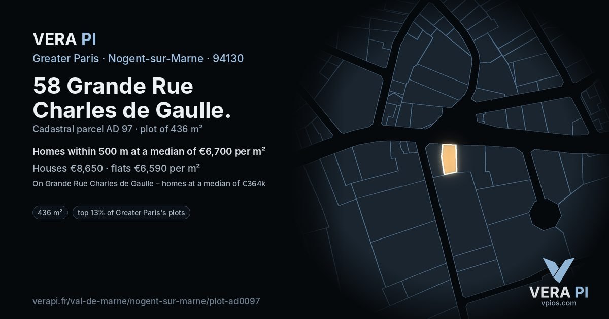 58 Grande Rue Charles de Gaulle, Nogent-sur-Marne at night – the plot lit, the parcels around coloured by the prices near them