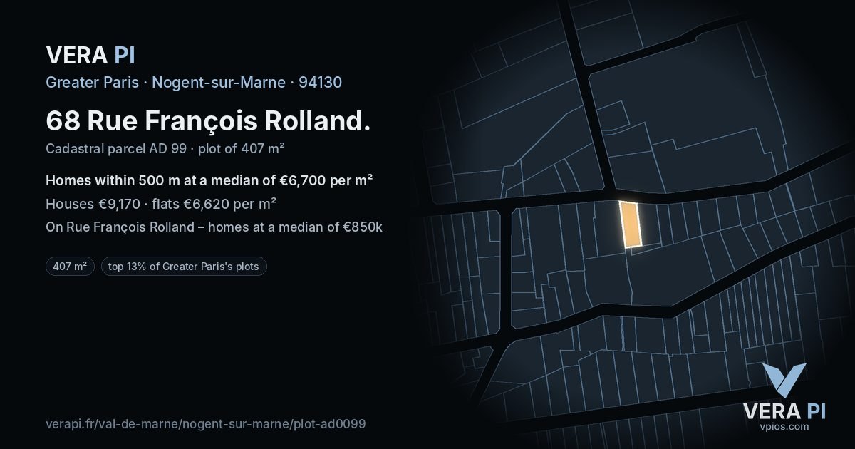 68 Rue François Rolland, Nogent-sur-Marne at night – the plot lit, the parcels around coloured by the prices near them