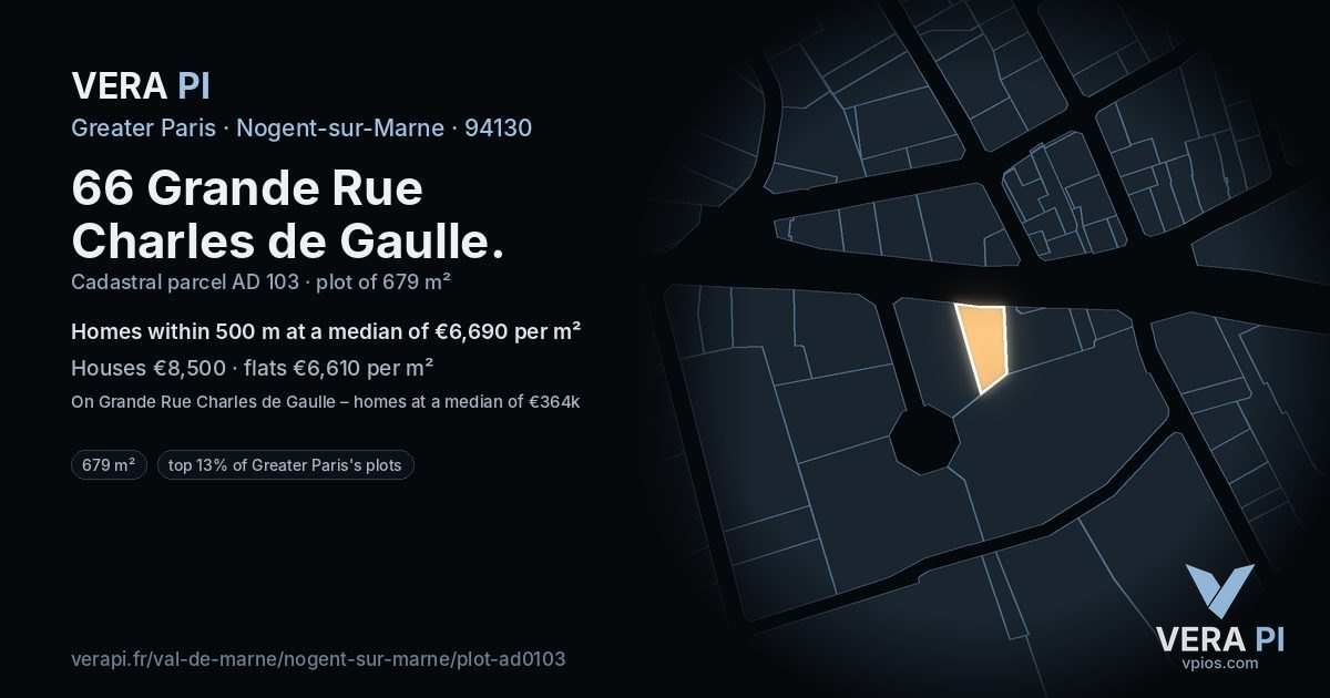 66 Grande Rue Charles de Gaulle, Nogent-sur-Marne at night – the plot lit, the parcels around coloured by the prices near them