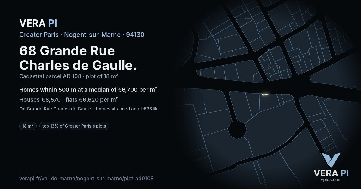 68 Grande Rue Charles de Gaulle, Nogent-sur-Marne at night – the plot lit, the parcels around coloured by the prices near them