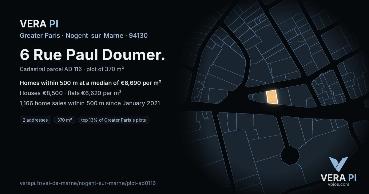 6 Rue Paul Doumer, Nogent-sur-Marne at night – the plot lit, the parcels around coloured by the prices near them