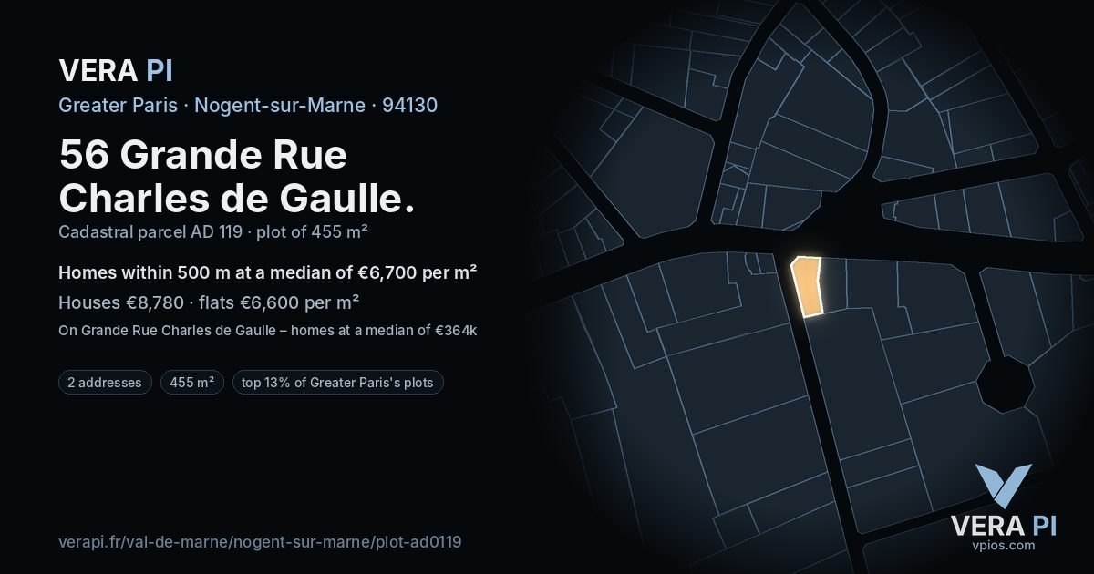 56 Grande Rue Charles de Gaulle, Nogent-sur-Marne at night – the plot lit, the parcels around coloured by the prices near them