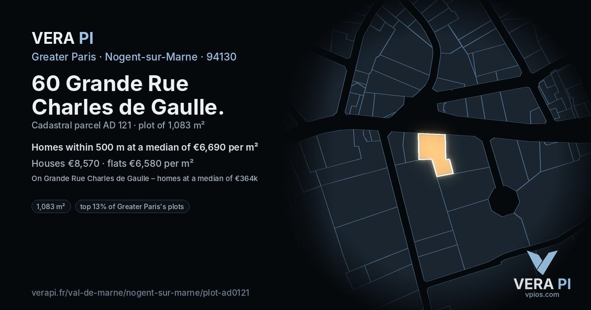 60 Grande Rue Charles de Gaulle, Nogent-sur-Marne at night – the plot lit, the parcels around coloured by the prices near them