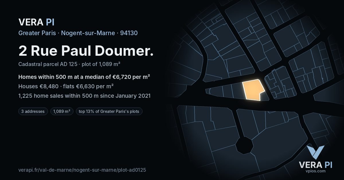 2 Rue Paul Doumer, Nogent-sur-Marne at night – the plot lit, the parcels around coloured by the prices near them