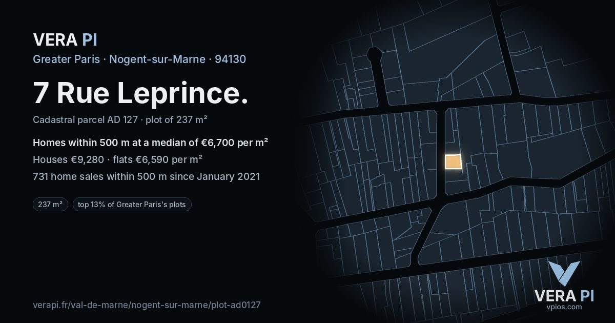 7 Rue Leprince, Nogent-sur-Marne at night – the plot lit, the parcels around coloured by the prices near them
