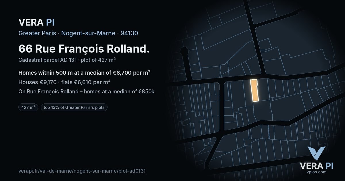 66 Rue François Rolland, Nogent-sur-Marne at night – the plot lit, the parcels around coloured by the prices near them