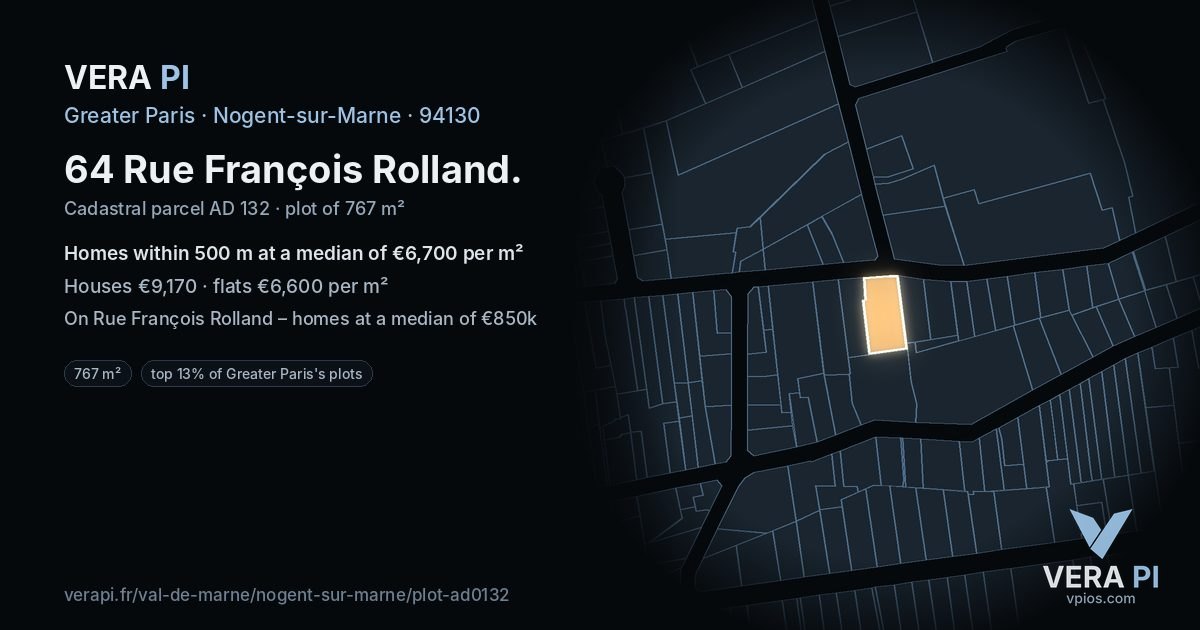 64 Rue François Rolland, Nogent-sur-Marne at night – the plot lit, the parcels around coloured by the prices near them