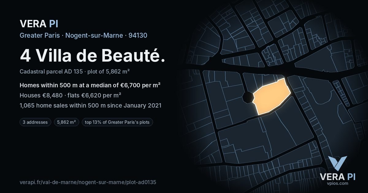 4 Villa de Beauté, Nogent-sur-Marne at night – the plot lit, the parcels around coloured by the prices near them