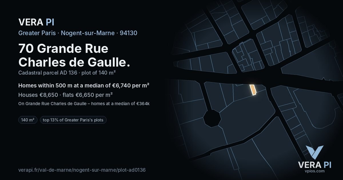 70 Grande Rue Charles de Gaulle, Nogent-sur-Marne at night – the plot lit, the parcels around coloured by the prices near them