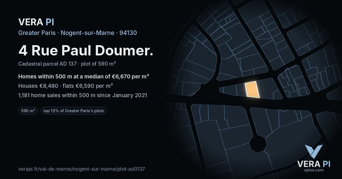 4 Rue Paul Doumer, Nogent-sur-Marne at night – the plot lit, the parcels around coloured by the prices near them