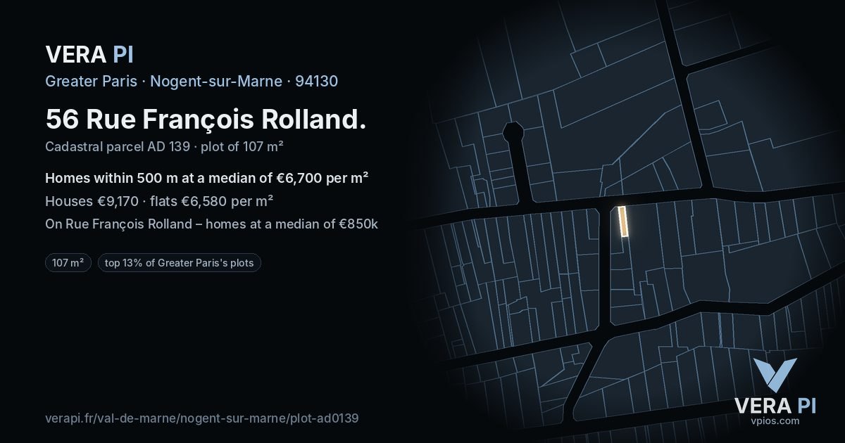56 Rue François Rolland, Nogent-sur-Marne at night – the plot lit, the parcels around coloured by the prices near them