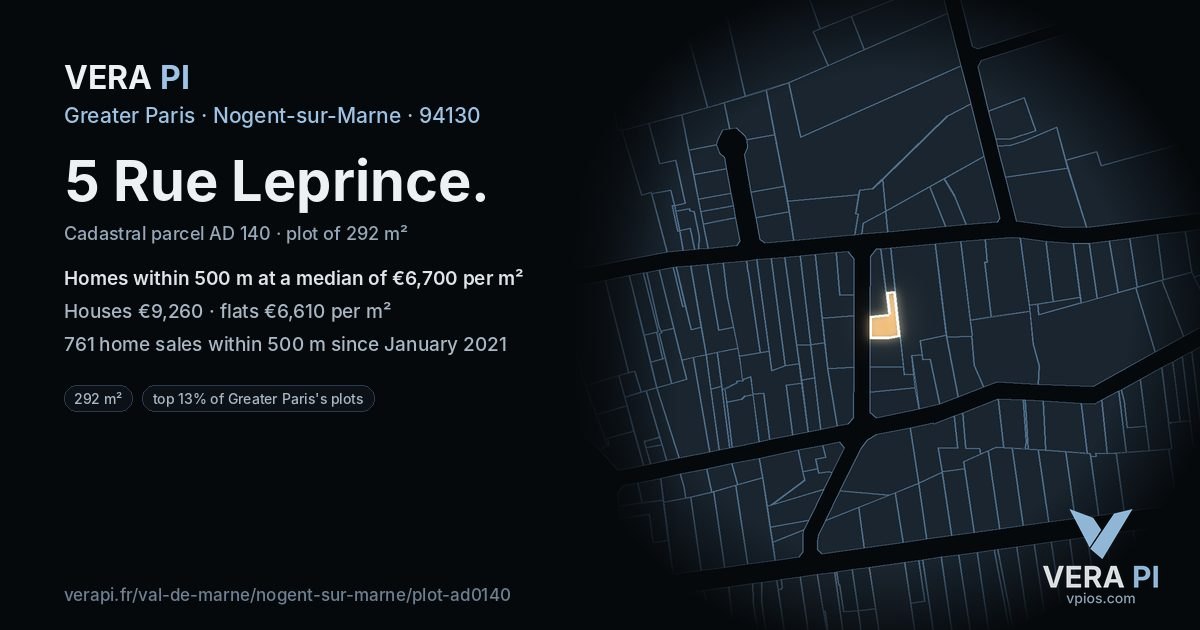 5 Rue Leprince, Nogent-sur-Marne at night – the plot lit, the parcels around coloured by the prices near them
