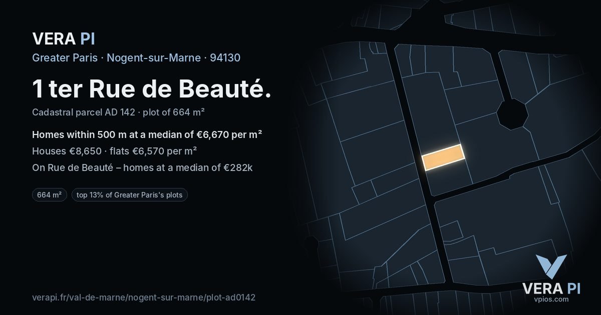 1 ter Rue de Beauté, Nogent-sur-Marne at night – the plot lit, the parcels around coloured by the prices near them