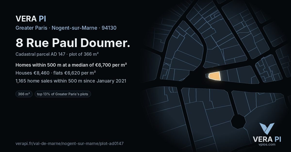 8 Rue Paul Doumer, Nogent-sur-Marne at night – the plot lit, the parcels around coloured by the prices near them