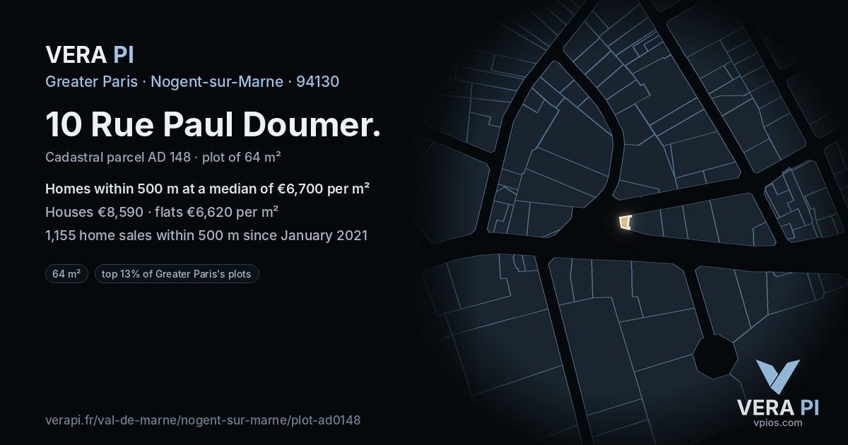 10 Rue Paul Doumer, Nogent-sur-Marne at night – the plot lit, the parcels around coloured by the prices near them