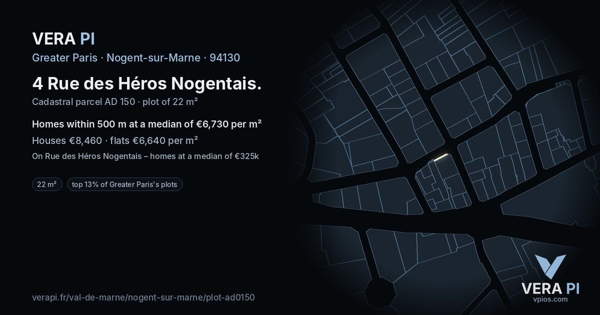 4 Rue des Héros Nogentais, Nogent-sur-Marne at night – the plot lit, the parcels around coloured by the prices near them