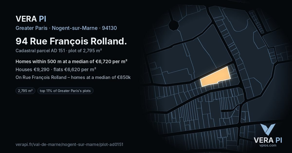 94 Rue François Rolland, Nogent-sur-Marne at night – the plot lit, the parcels around coloured by the prices near them