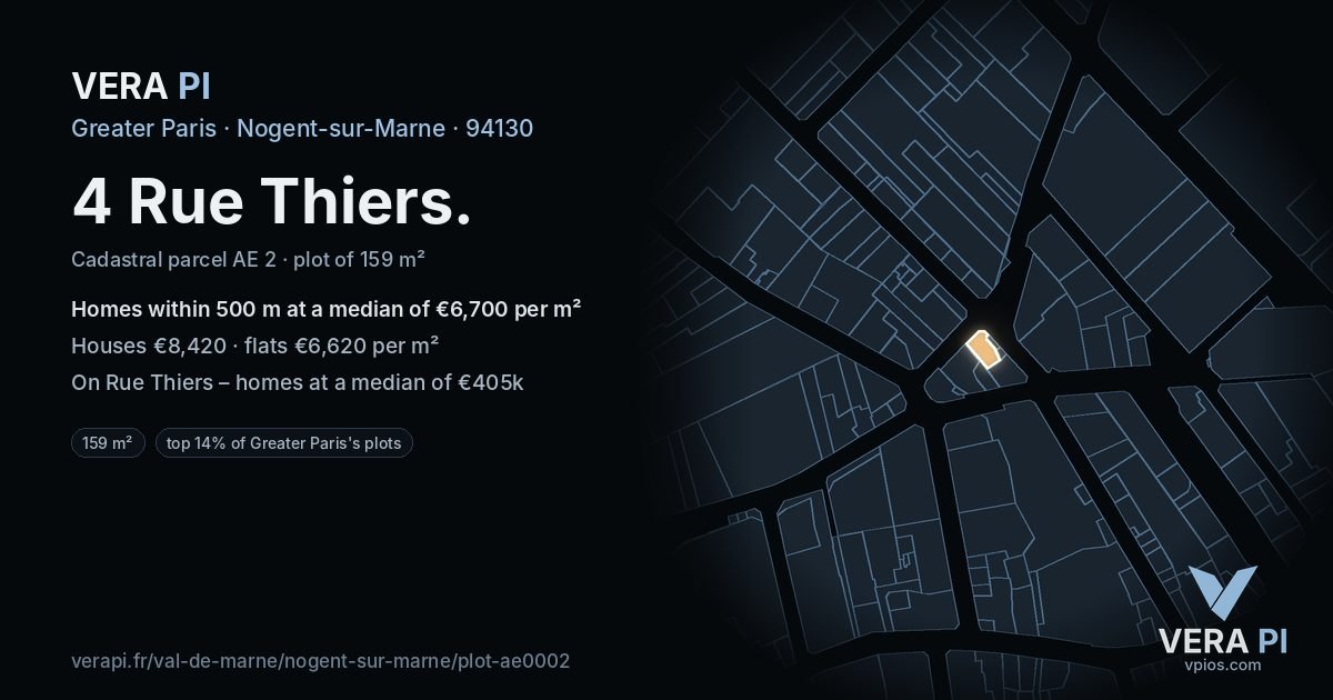 4 Rue Thiers, Nogent-sur-Marne at night – the plot lit, the parcels around coloured by the prices near them